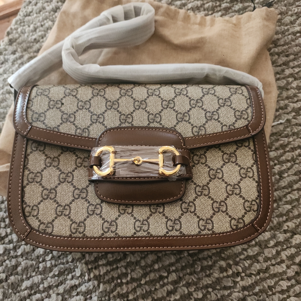 Gucci Brown and Cream Shoulder Bag with Monogram Canvas